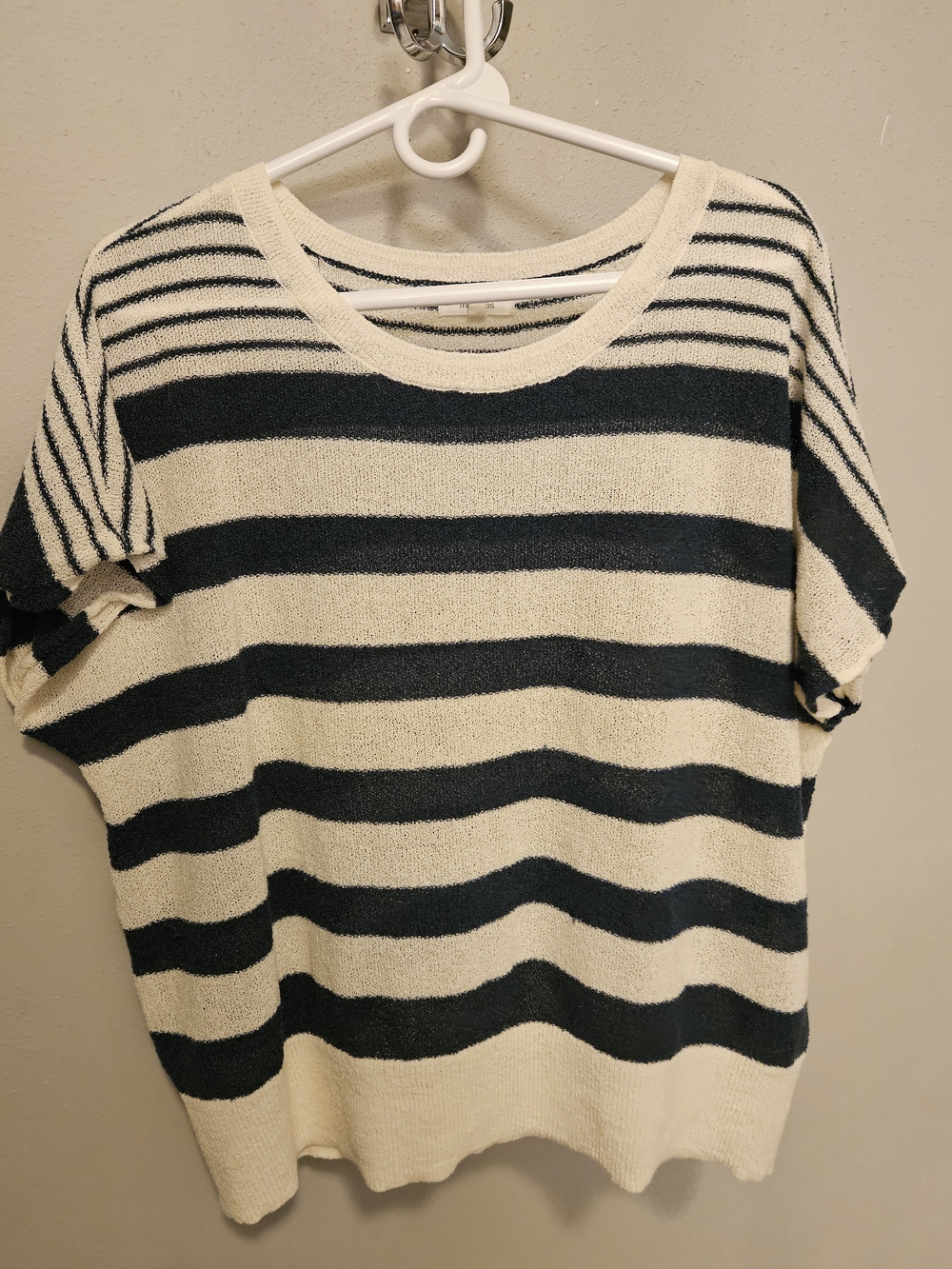 Relaxed Short-Sleeve Striped Knit Top in Cream and Navy
